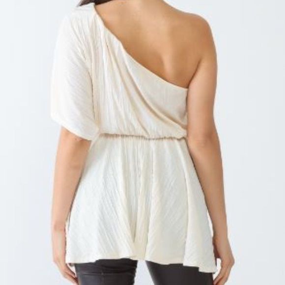 #33 Cream Textured One Shoulder Dolman Sleeve Flare Hem Top - Picture 2 of 5